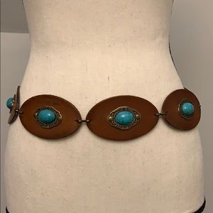 Brown leather concho belt with turquoise stones
